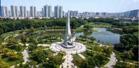 Aerial view of New Century Park and its landmark monument
