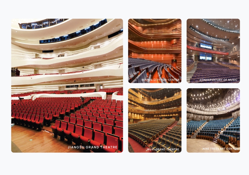 A high resolution collage of luxury theater layouts featuring quiet tip-up acoustics chairs